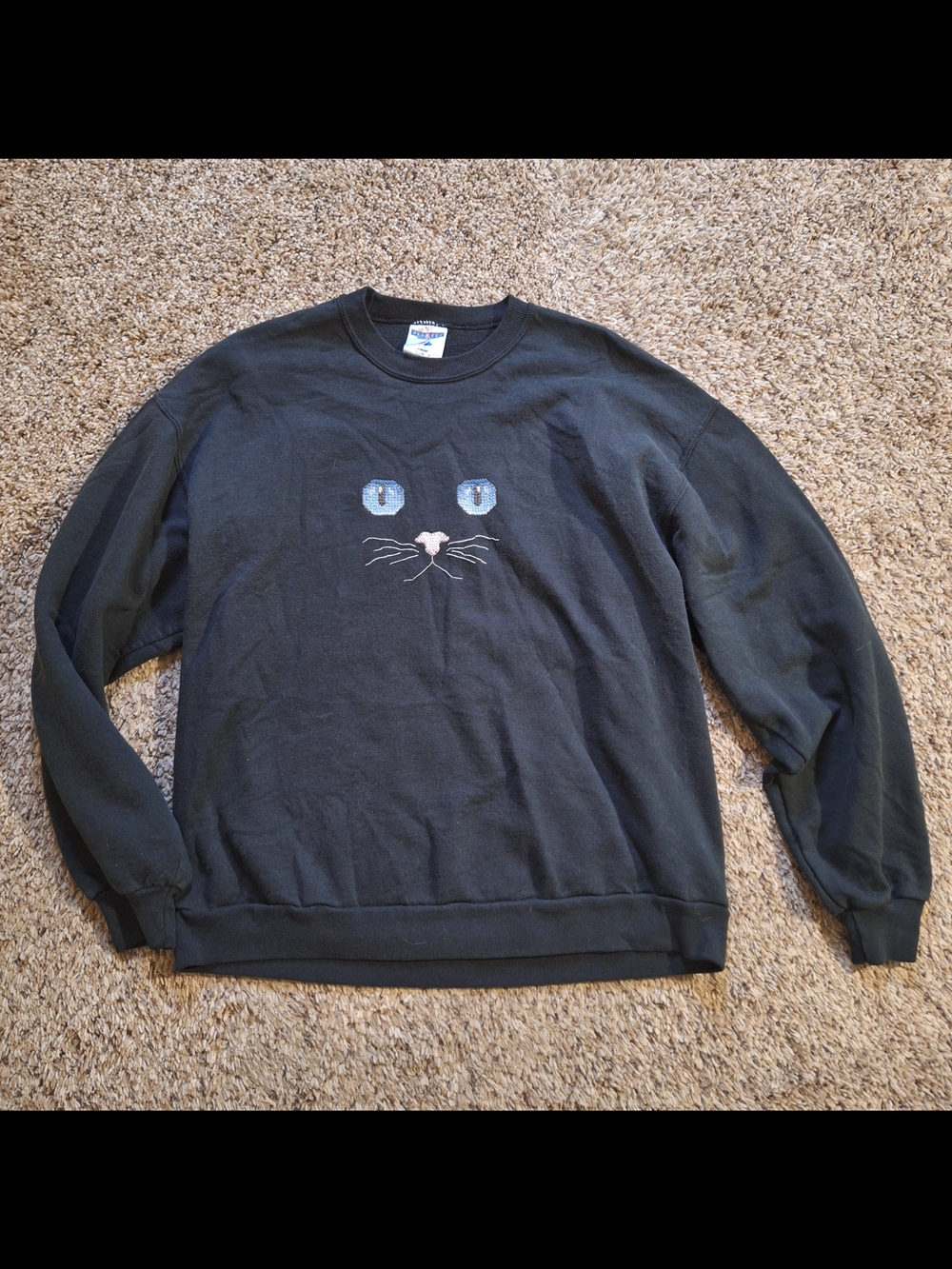 Vintage Jerzees Embroidered Black Cat Face Crewneck Sweatshirt L